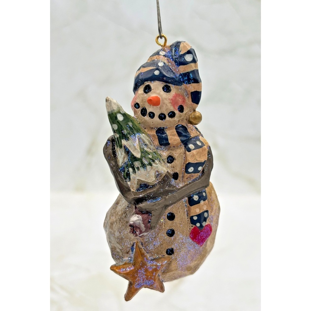 Pam Schifferl Christmas Snowman Holding Tree Star Ornament Signed P.S. Folk Art